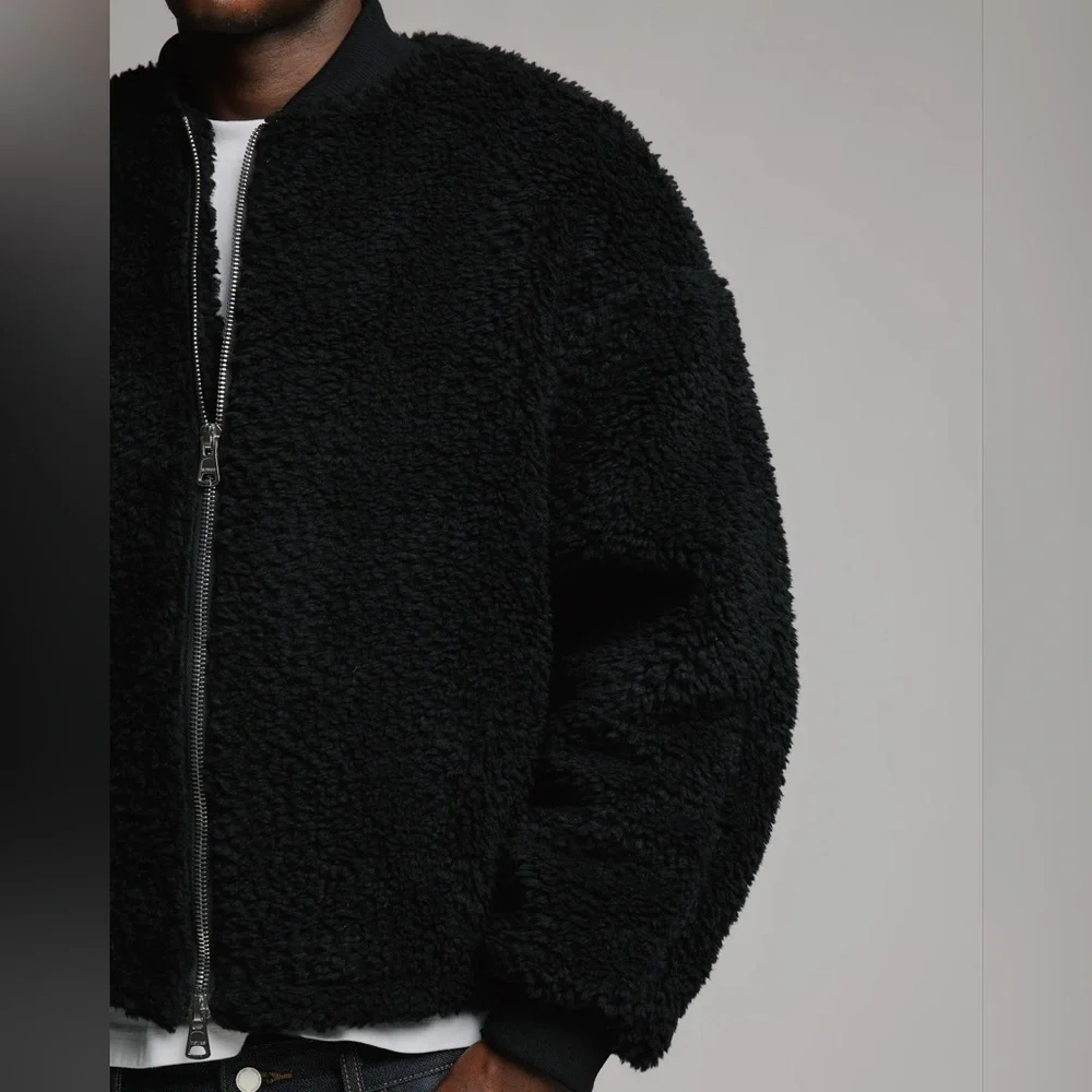 Hours Signature Black Sherpa Fleece Bomber Jacket Full Zip Size M